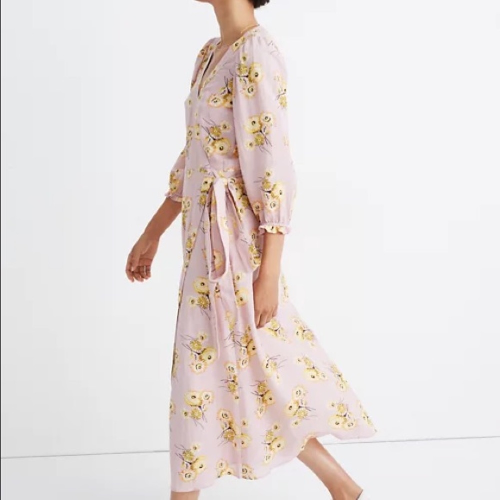 Madewell Linen-Blend Ruffle-Cuff Wrap Dress in Dutch Dandelions